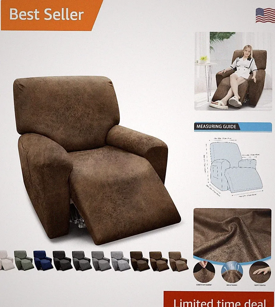 4-Piece Recliner Chair Covers - Brown Leather Look, Soft Spandex with Pockets