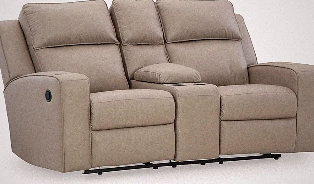 Beige Faux Leather Reclining Loveseat with Console & Cup Holders