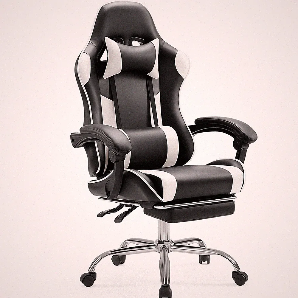 Ergonomic PU Leather Game Chair with Adjustable Headrest, Footrest Waist Pillow