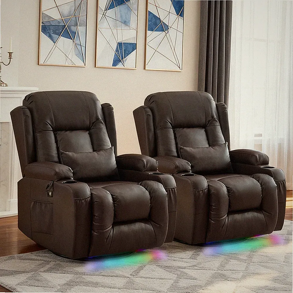 Swivel Rocker Recliner Chair Manual Glider Rocking Recliner w/LED Light Set of 2